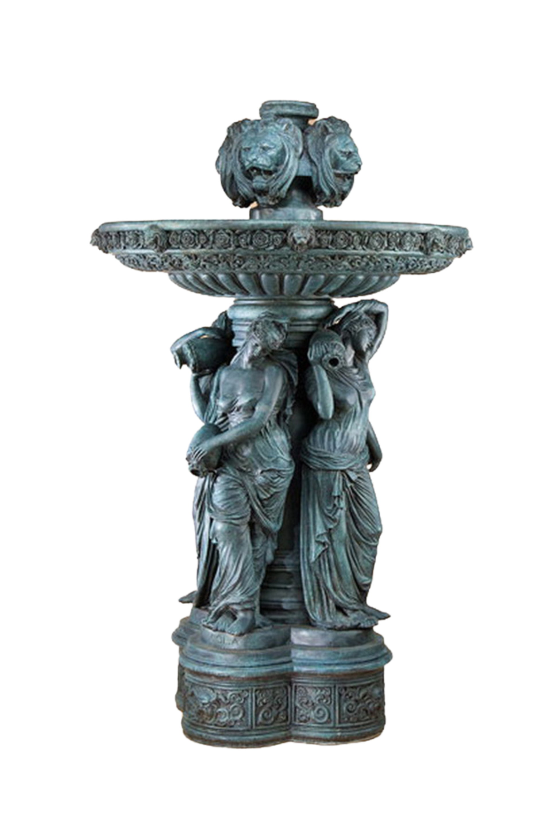 Decorative outdoor fountain with classical design on a white background