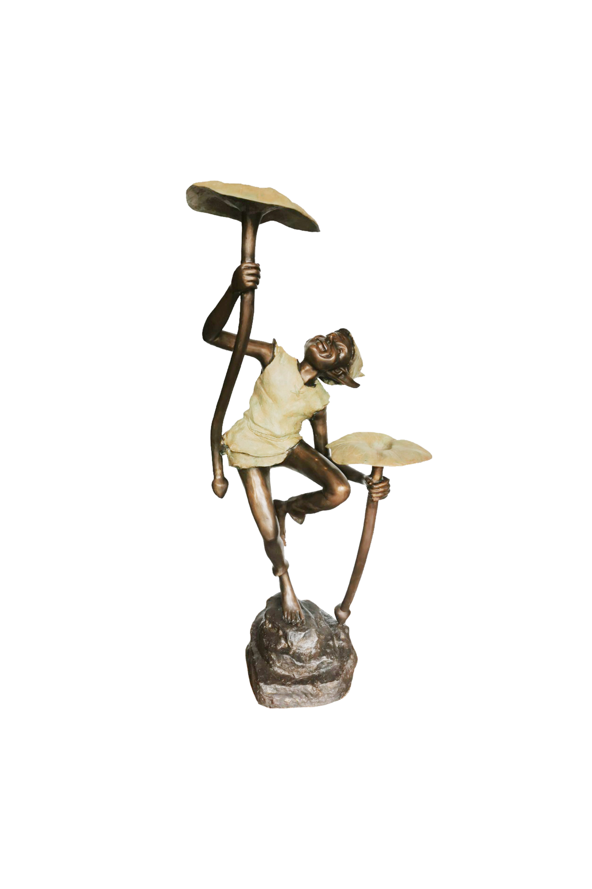Bronze sculpture of a goblin dancing while holding mushrooms on a white background