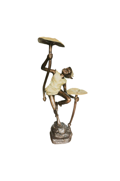 Bronze sculpture of a goblin dancing while holding mushrooms on a white background