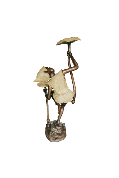 Bronze sculpture of a goblin dancing while holding mushrooms on a white background - back