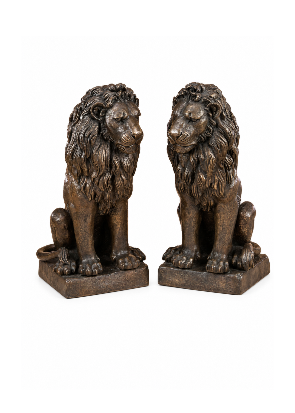 A pair of bronze lion statues shown side by side on a plain white background.