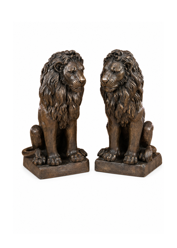A pair of bronze lion statues shown side by side on a plain white background.