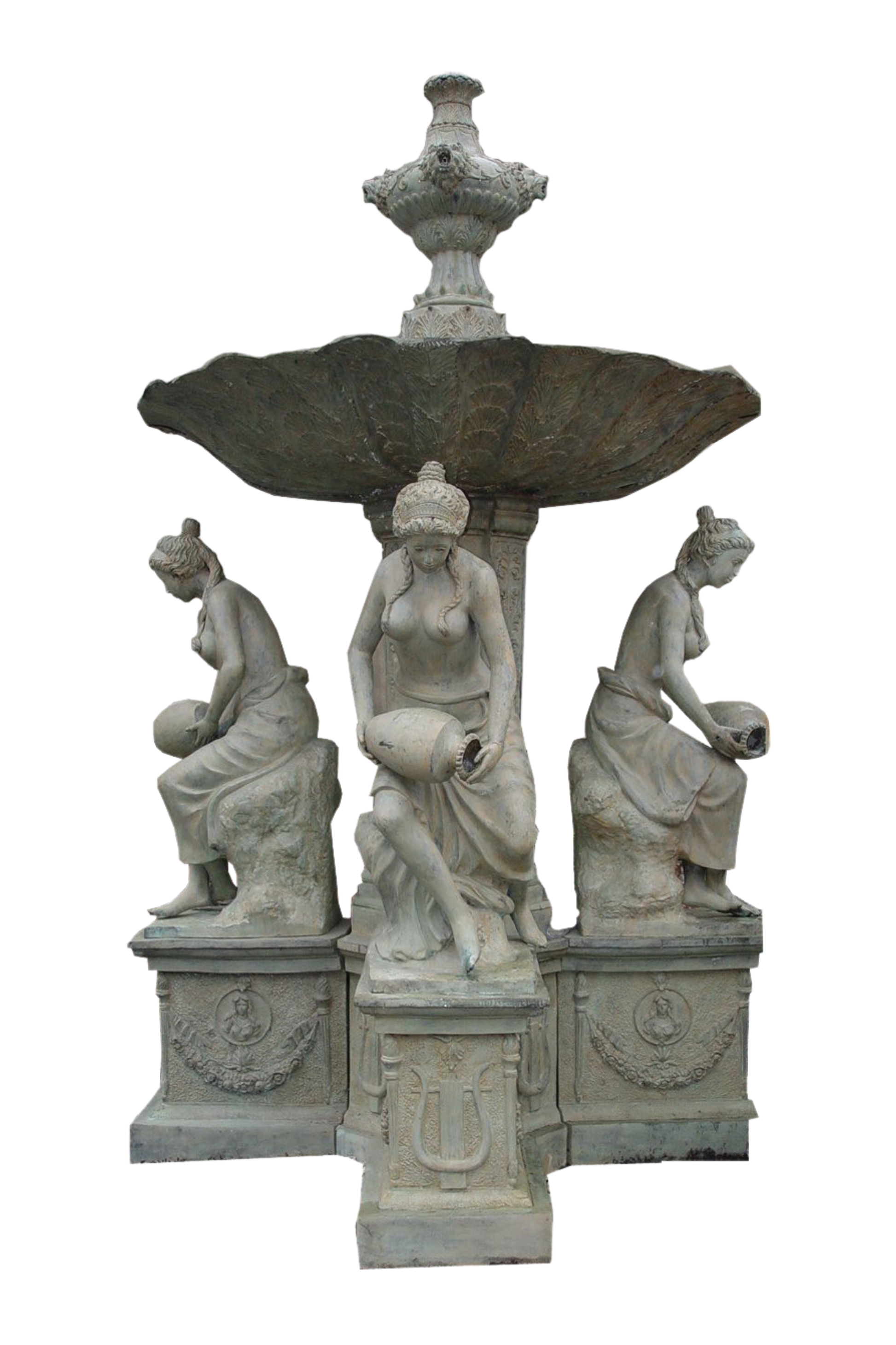 bronze fountain with 4 women figures on vases on a white background