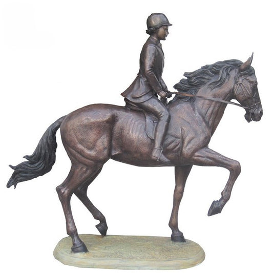 Bronze luxury handmade furniture statue of a person riding a horse, perfect for modern luxury decor, on a white background.