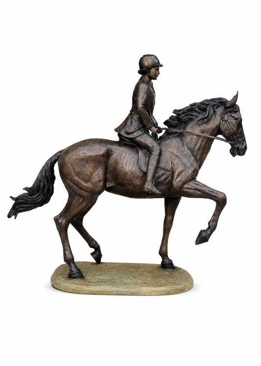 Bronze equestrian statue of a rider on a rearing horse, mounted on a textured stone-look base, shown against a plain white background.