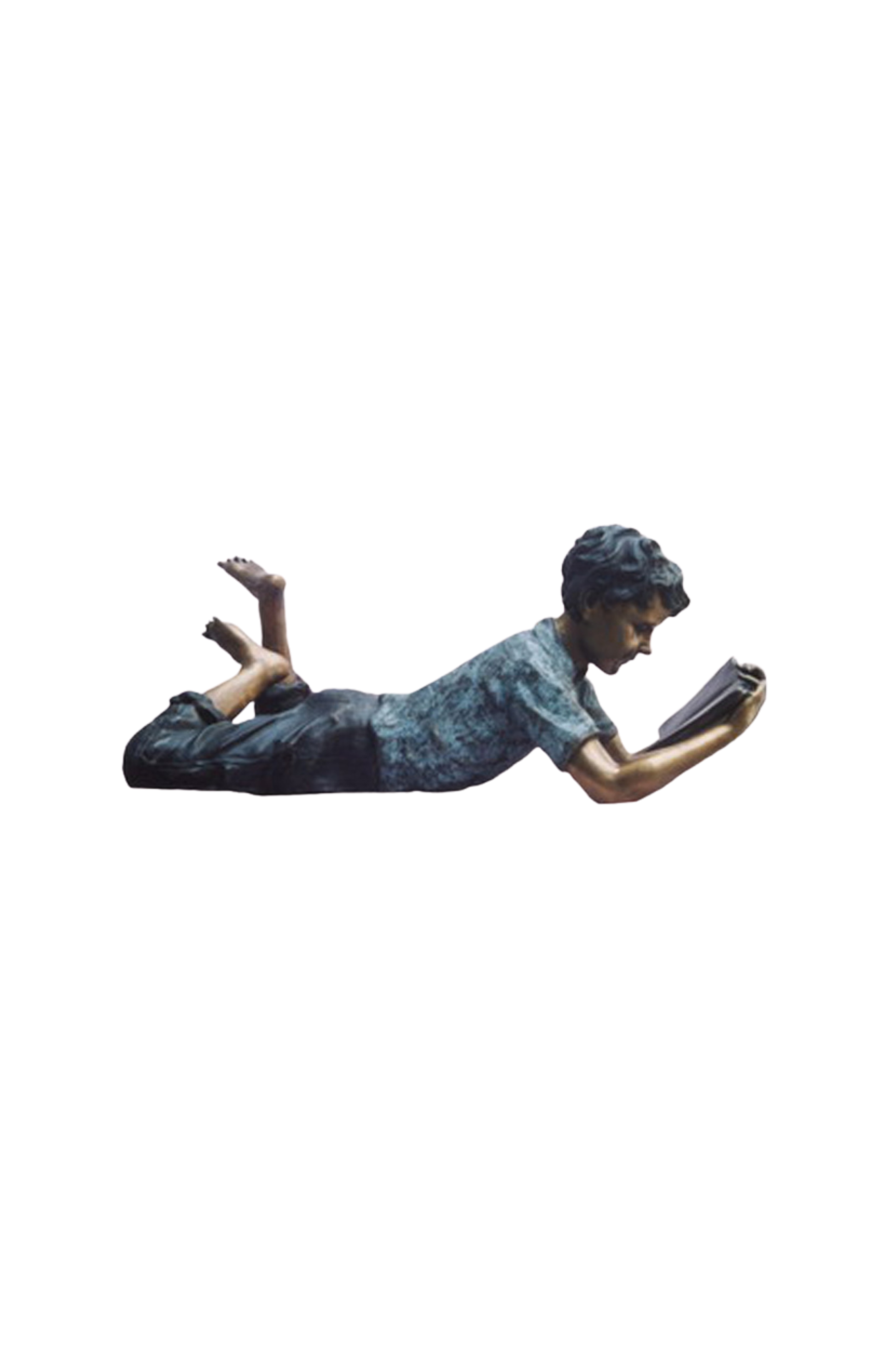 Bronze sculpture of a person lying on their stomach reading a book