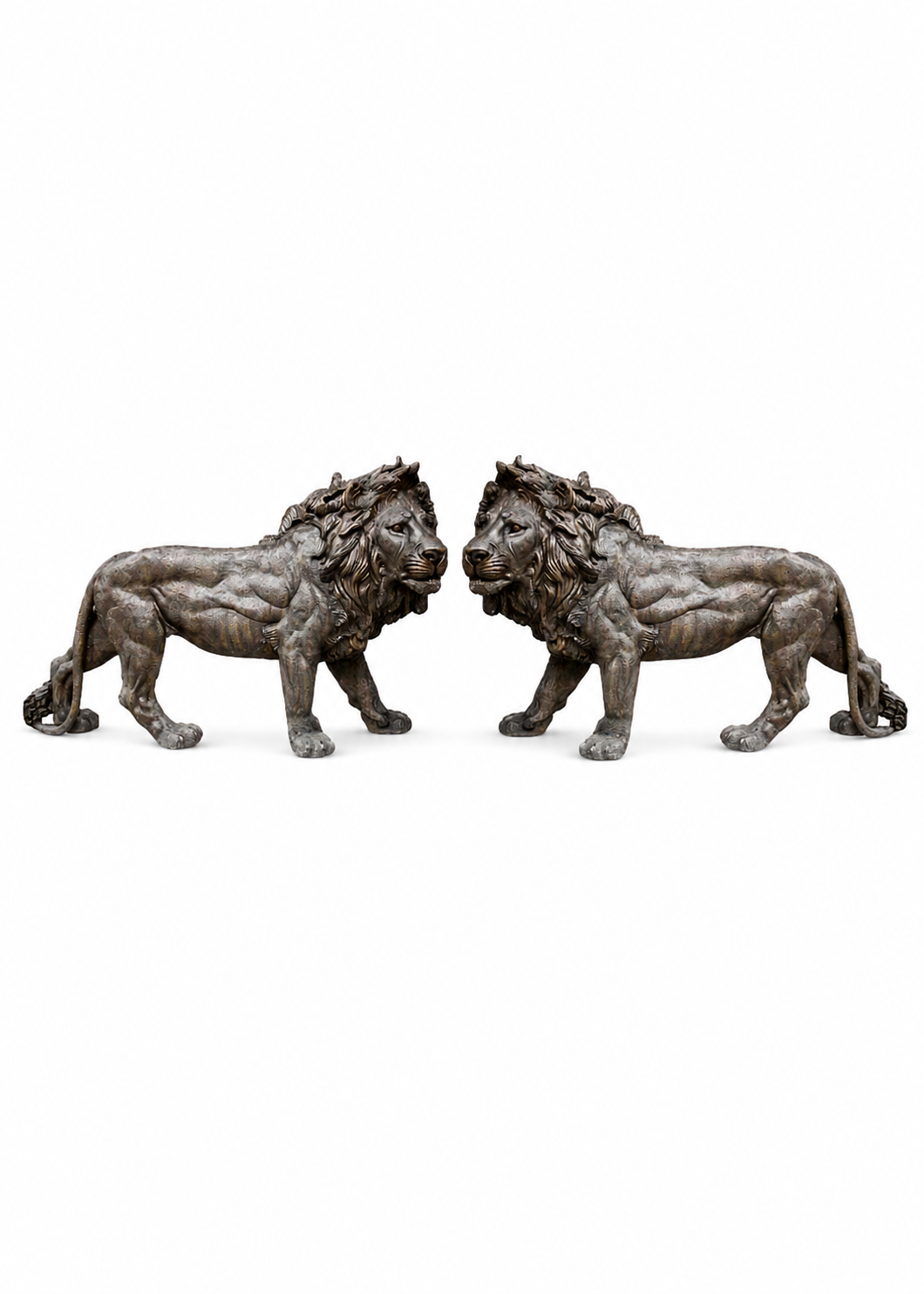 A pair of bronze lion statues facing each other, shown against a plain white background.