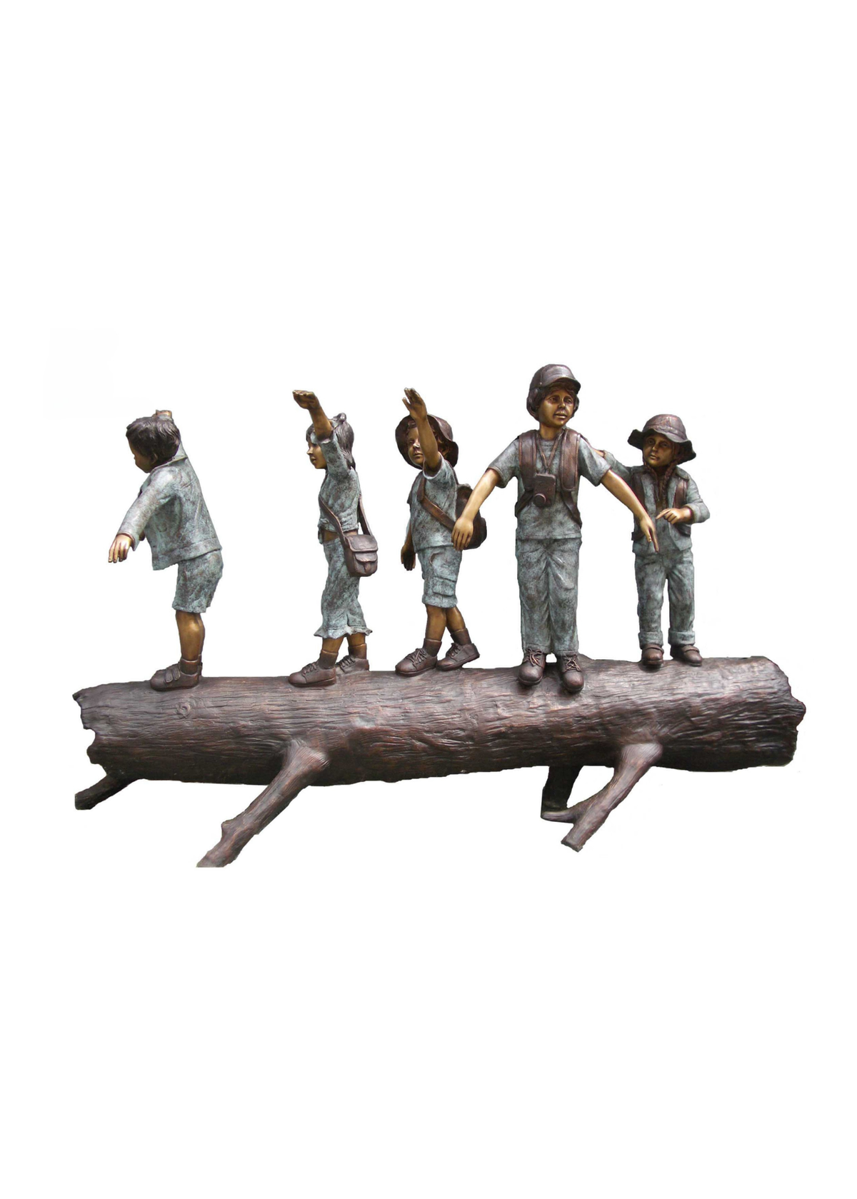 A decorative outdoor bronze sculpture depicting five children standing on a large log, shown against a plain white background.