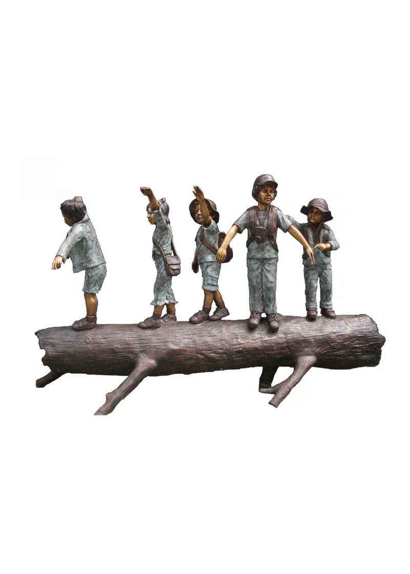 A decorative outdoor bronze sculpture depicting five children standing on a large log, shown against a plain white background.