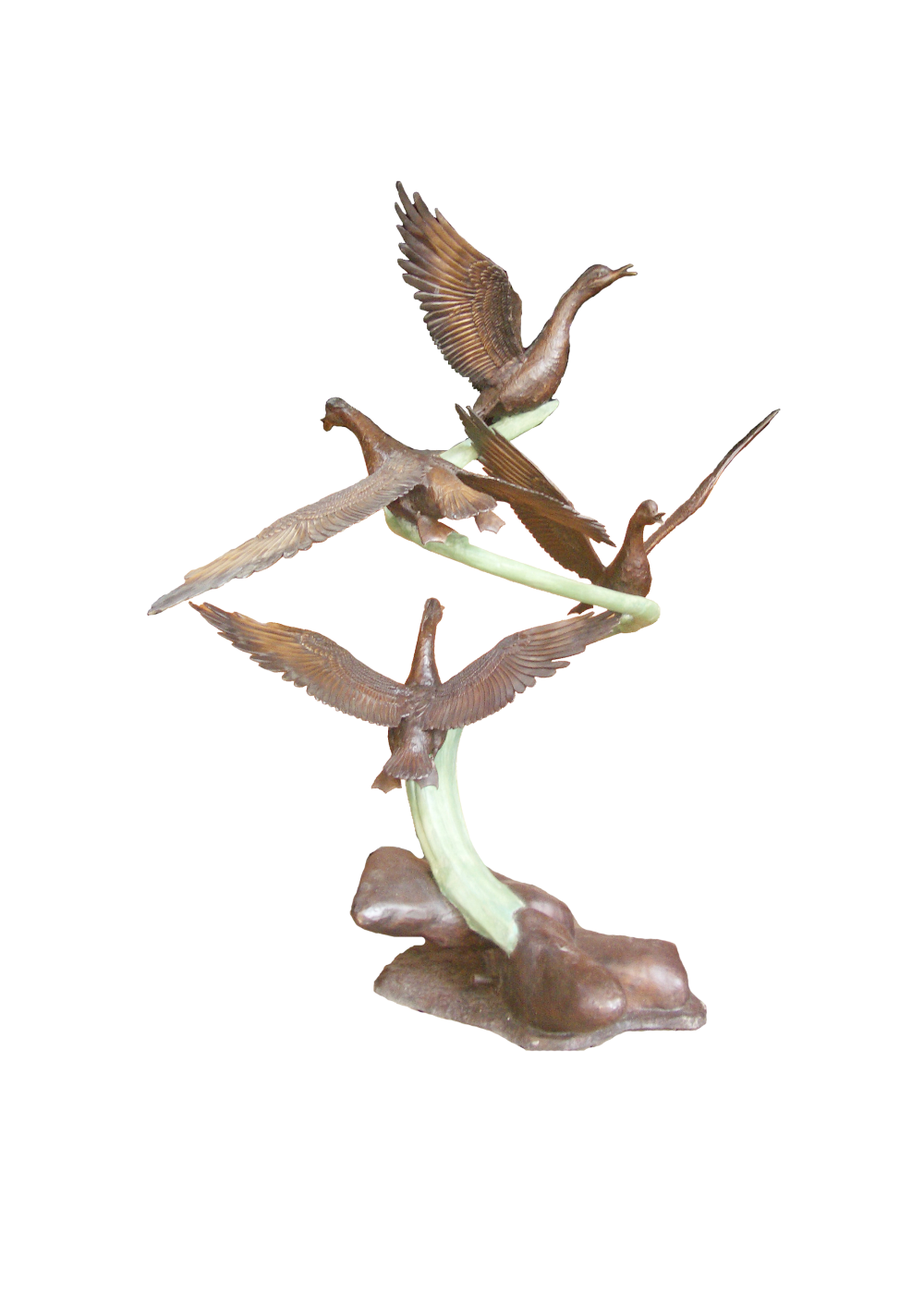 a group of flying ducks on a white background. 