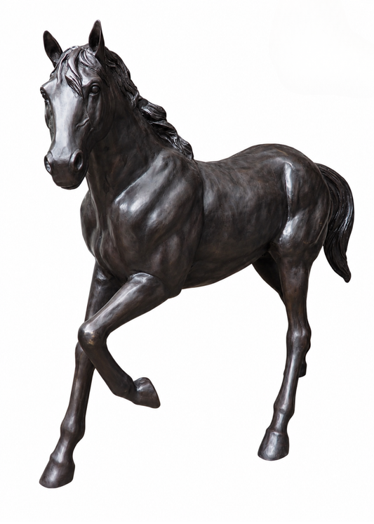 A dark bronze running horse statue captured from the side against a plain white background.
