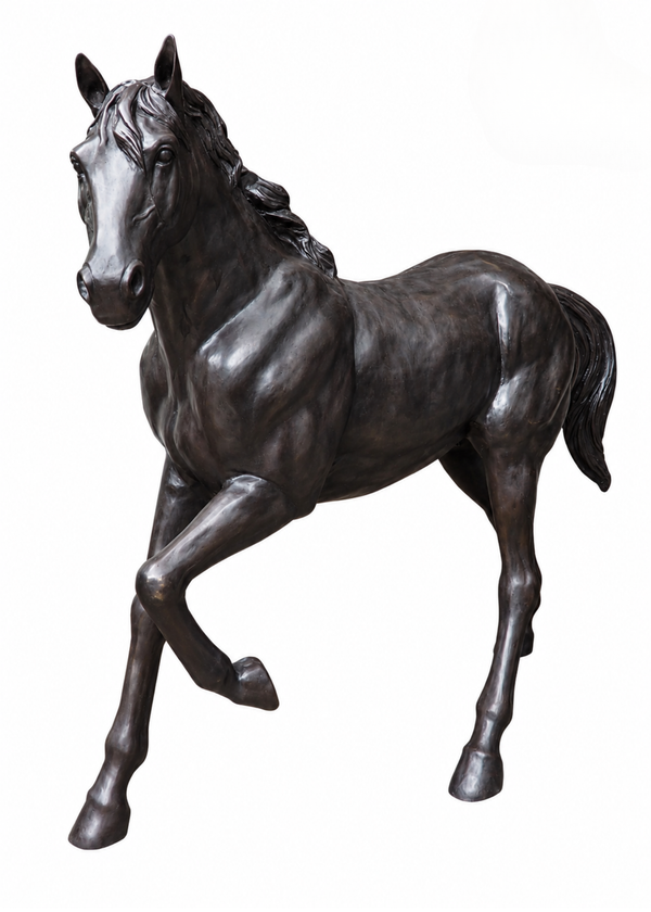 A dark bronze running horse statue captured from the side against a plain white background.