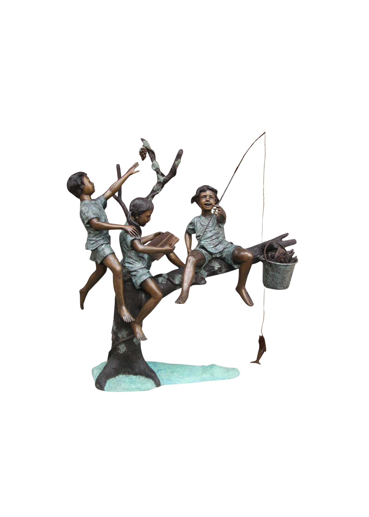 Bronze sculpture of three children playing by a stream with fishing rods and a bucket.