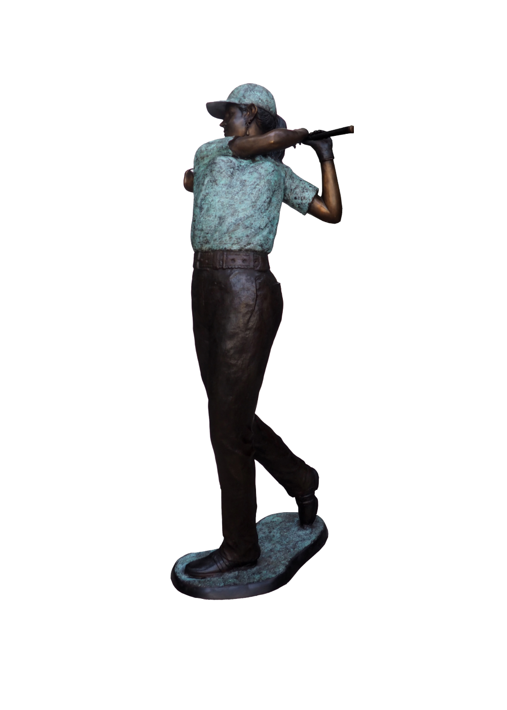 Statue of a golfer in mid-swing on a white background
