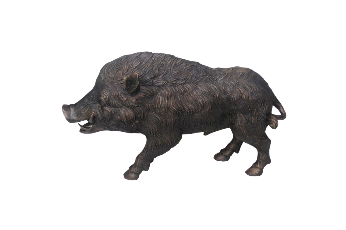 Bronze statue of a boar on a white background