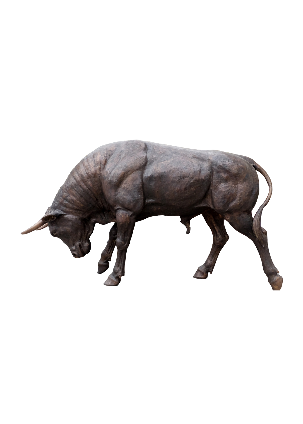 Bronze bull sculpture on a white background