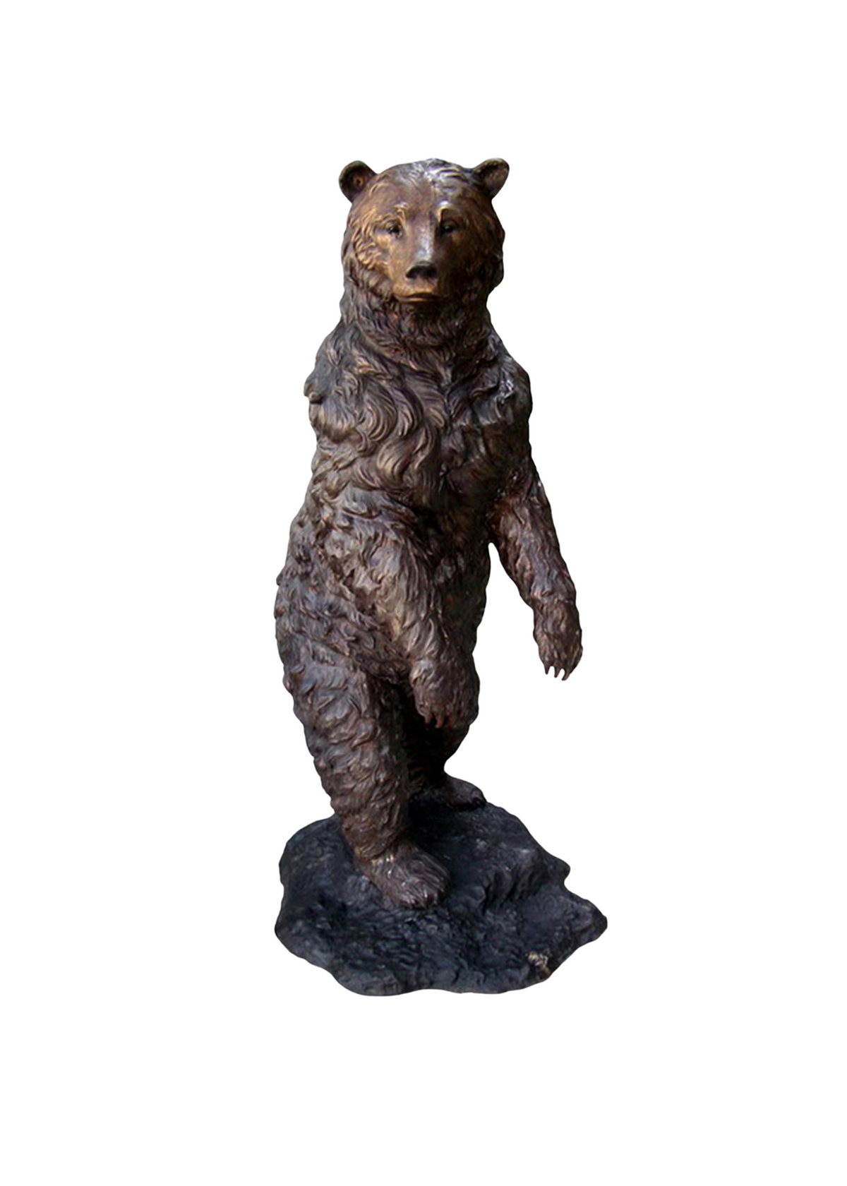 Bronze statue of a standing bear on a white background