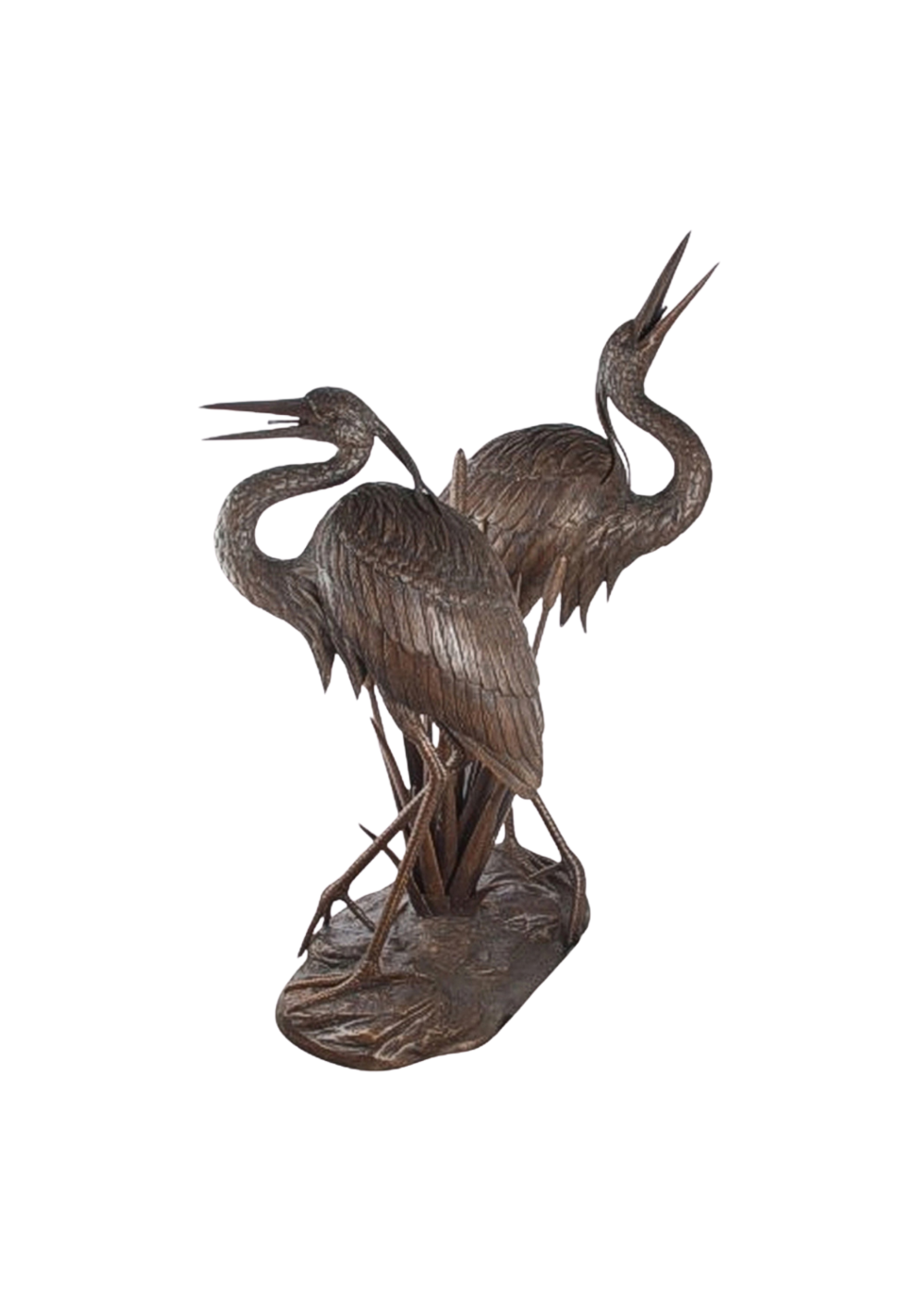 Bronze sculpture of two herons on a white background