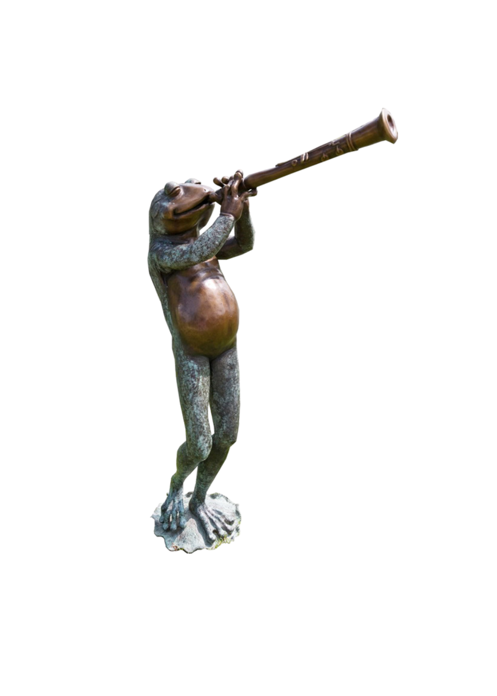 A bronze sculpture of a frog playing the clarinet on a white background.