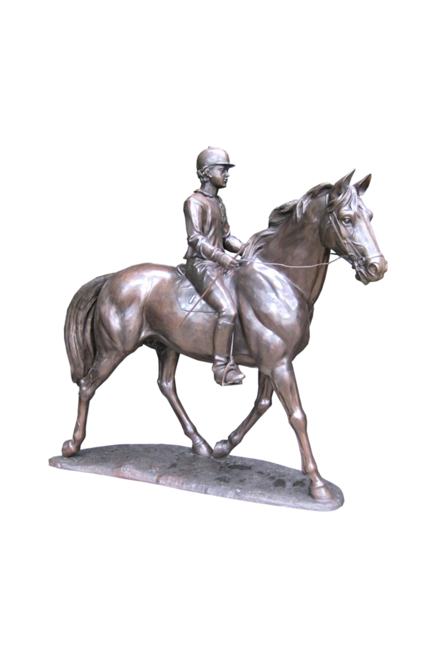 Bronze statue of a person riding a horse on a white background