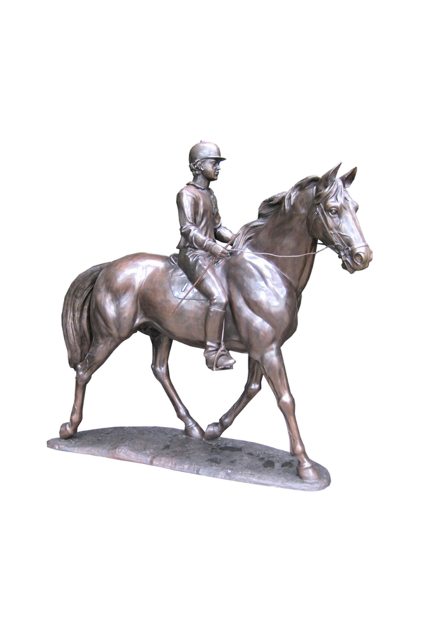 Bronze statue of a person riding a horse on a white background