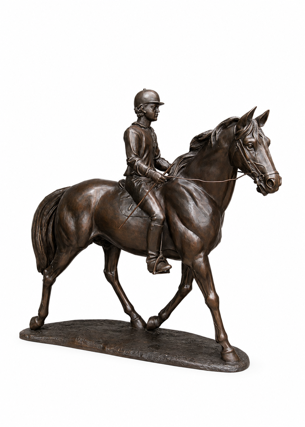 A bronze equestrian sculpture depicting a rider on a horse, set against a solid white background.