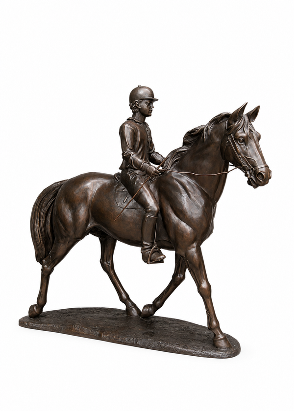 A bronze equestrian sculpture depicting a rider on a horse, set against a solid white background.