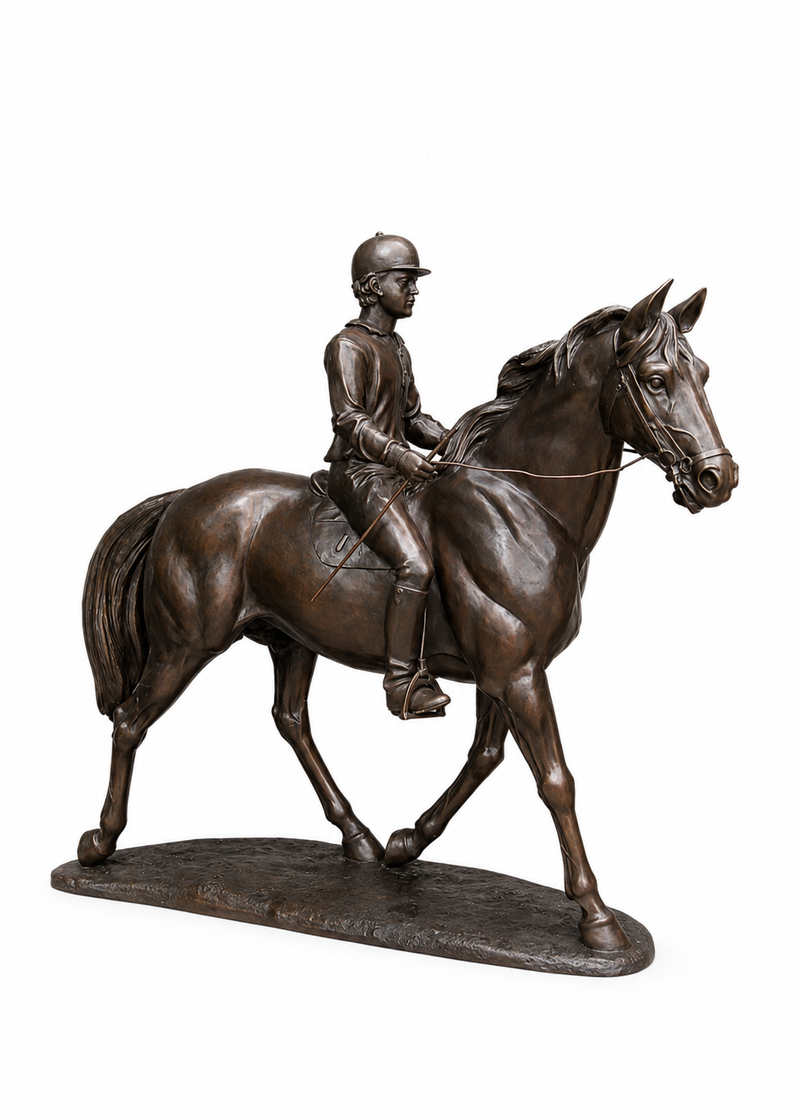 A bronze equestrian sculpture depicting a rider on a horse, set against a solid white background.