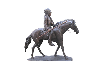 Bronze statue of a Native American on horseback with a spear, on a white background