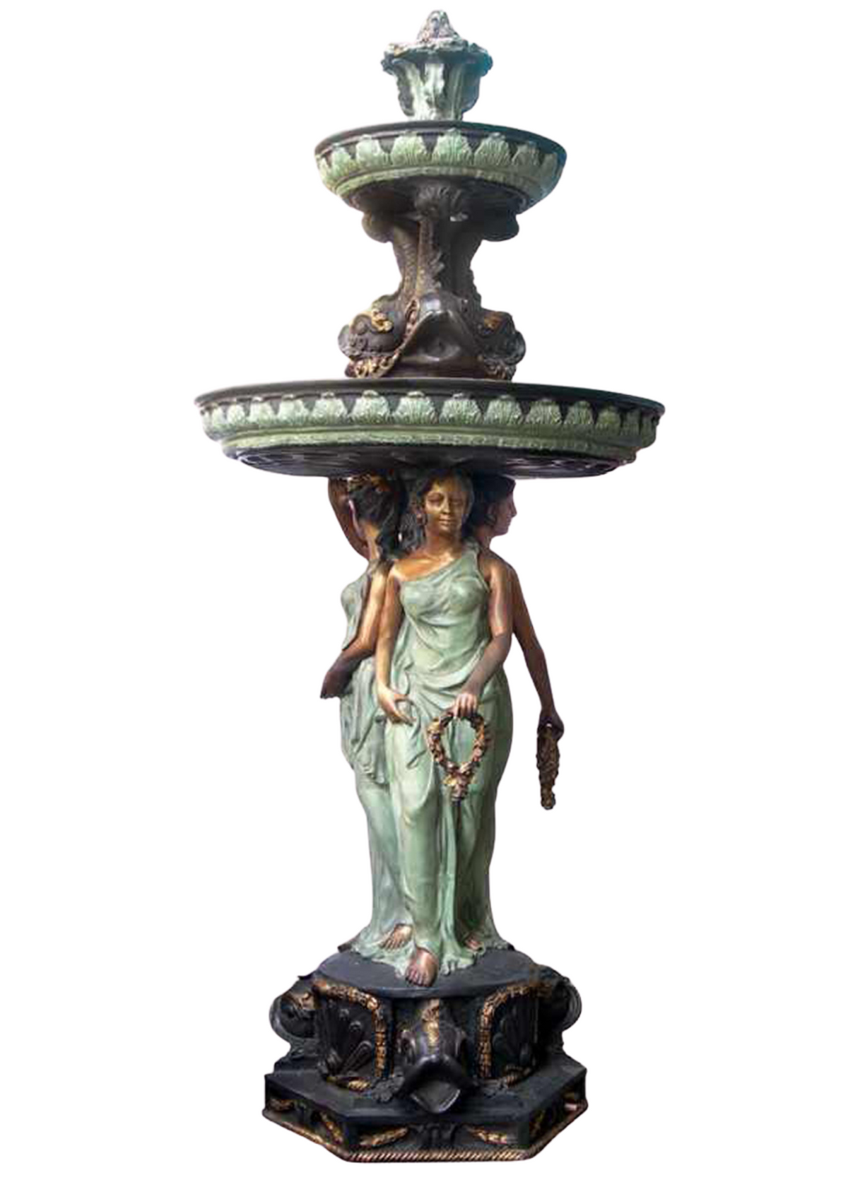 Decorative bronze fountain with classical statue on a white background