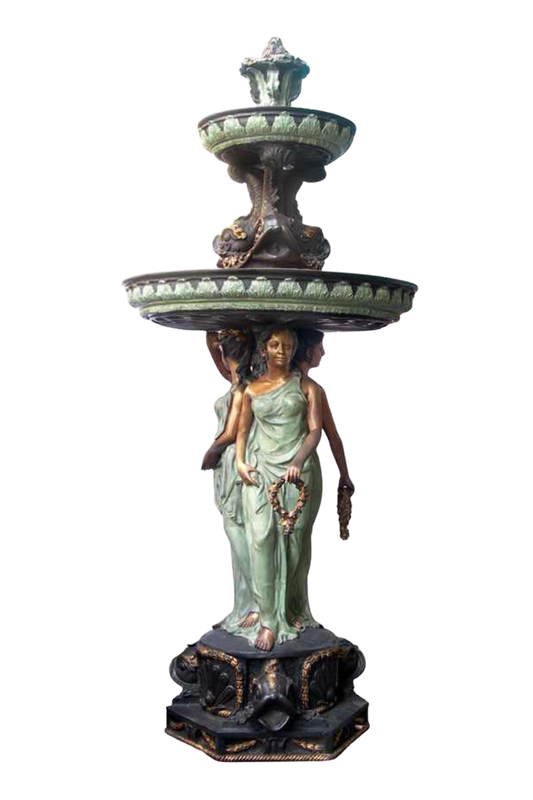 Decorative bronze fountain with classical statue on a white background