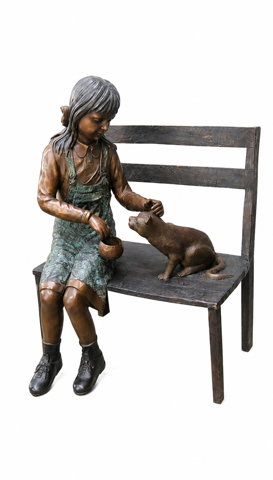 Bronze sculpture of a young girl sitting on a wooden bench and petting a cat, shown against a plain white background.