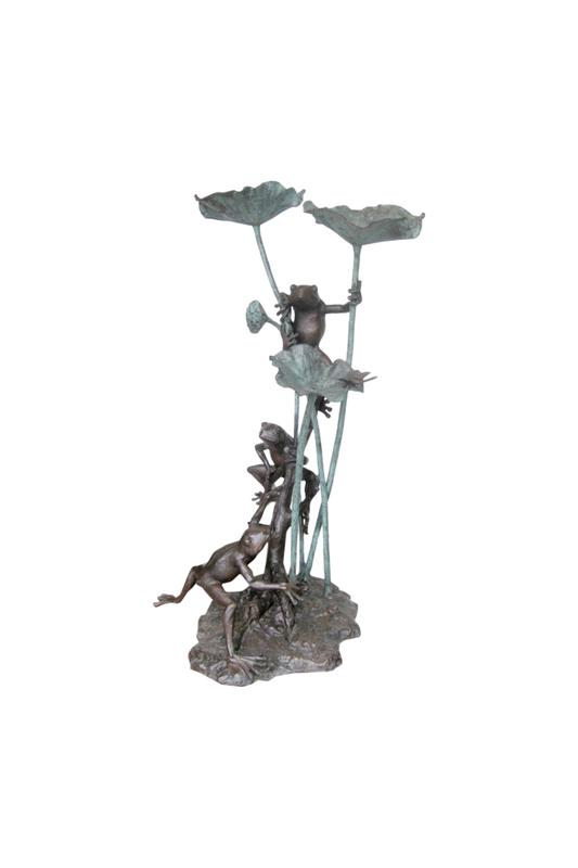 Bronze sculpture of a figure with three frogs playing with lotus flowers on a white background