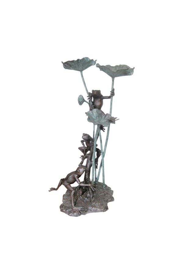 Bronze sculpture of a figure with three frogs playing with lotus flowers on a white background