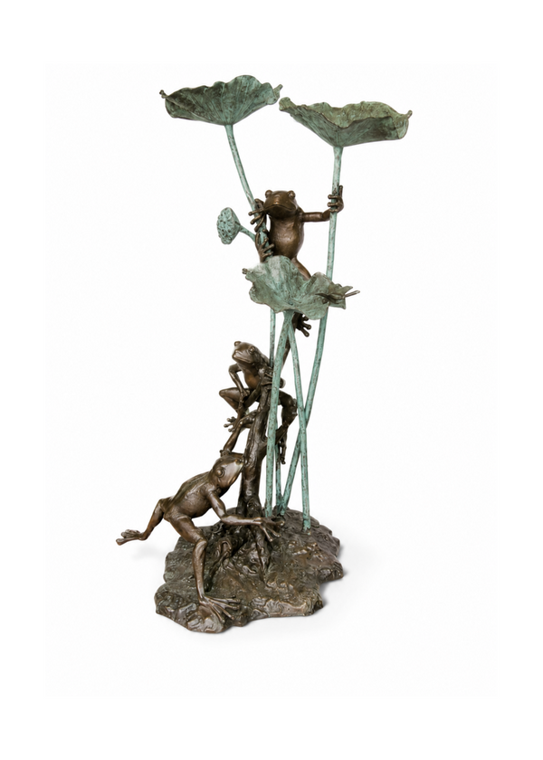 Bronze sculpture of three frogs climbing and resting among tall lily pads on a textured base, photographed against a plain white background.