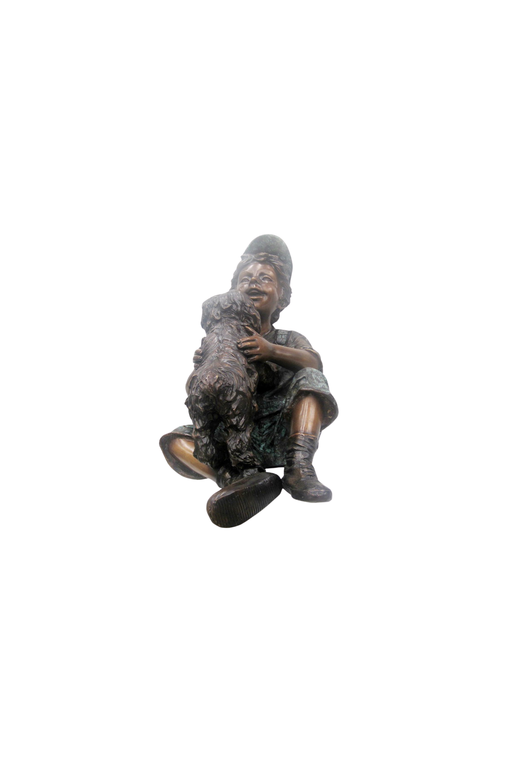 Bronze sculpture of a person sitting with a dog on a white background