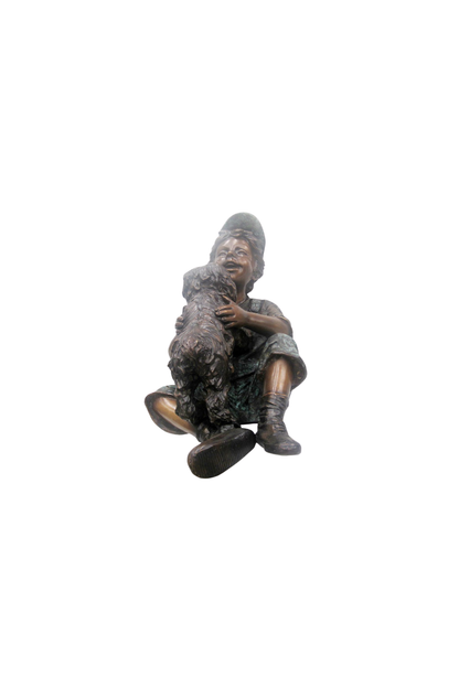 Bronze sculpture of a person sitting with a dog on a white background