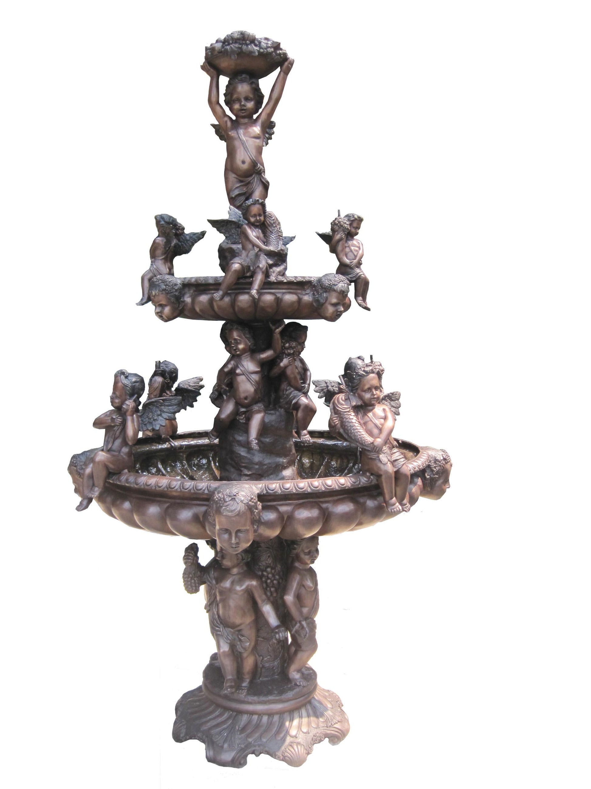 Bronze luxury handmade furniture fountain with cherub figures, ideal for modern luxury decor, on a white background.