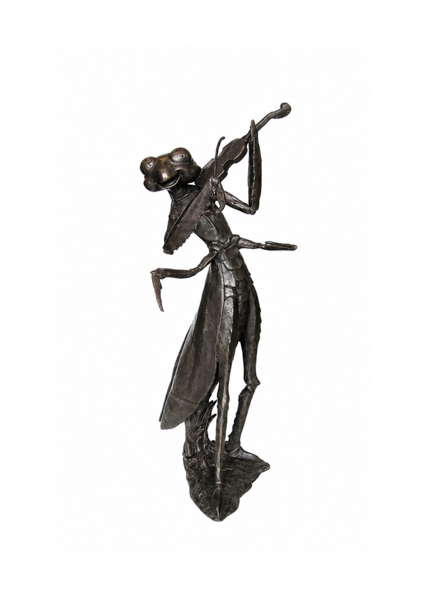 A dark bronze-finished bronze sculpture of a stylized praying mantis holding a bow, shown against a plain white background.