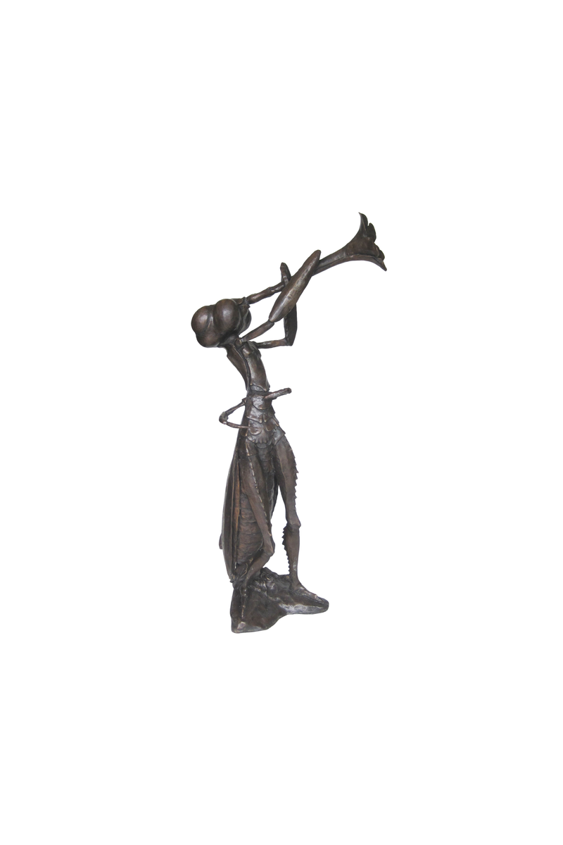 Bronze statue of a grasshopper playing a trumpet on a white background