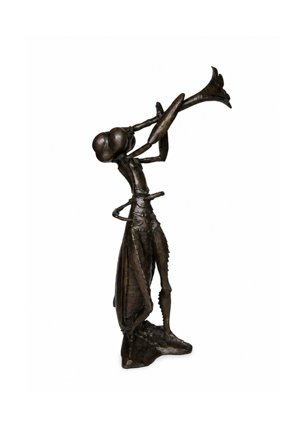A dark bronze sculpture of a stylized human figure holding a trumpet, shown against a plain white background.