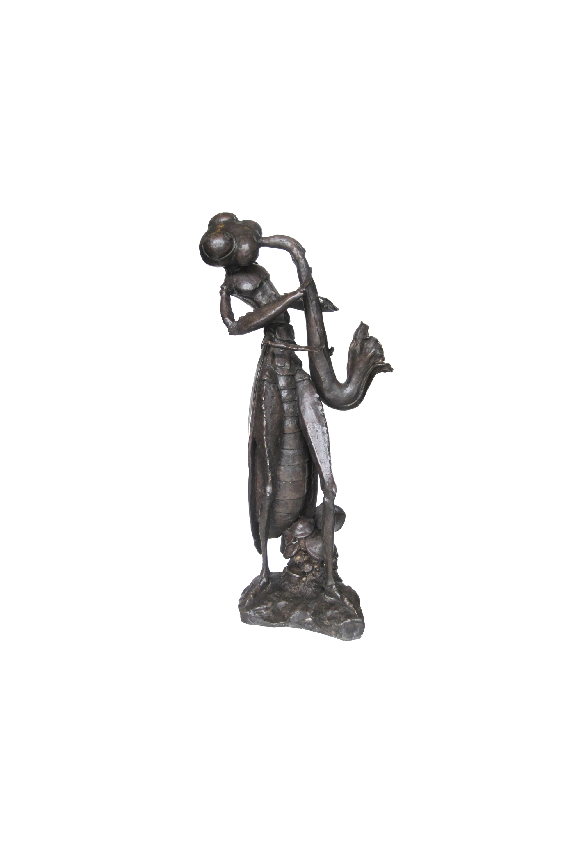bronze Statue of a grasshopper playing a clarinet on a white background