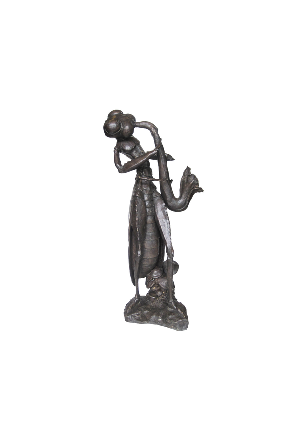 bronze Statue of a grasshopper playing a clarinet on a white background