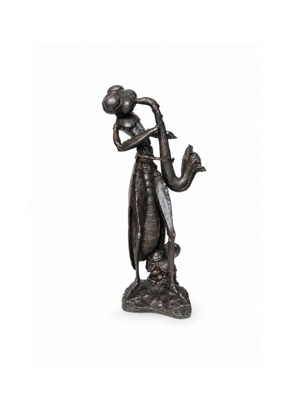A dark bronze figurative sculpture of a stylized human figure holding a long object, standing on a textured base against a plain white background.