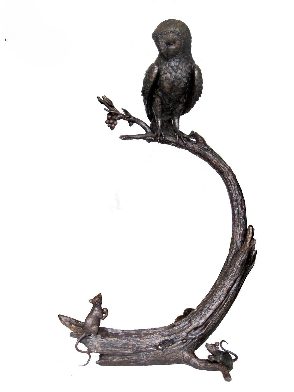 Bronze sculpture of a bird perched on a c curved branch with two mice below on a white background