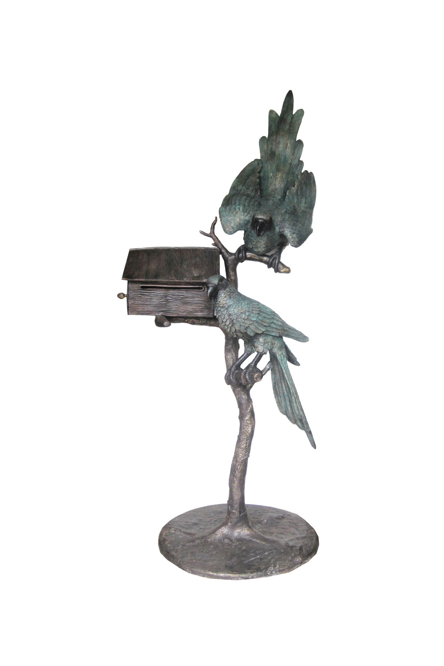 Bronze sculpture of two parrots on a branch with a mailbox, on a white background