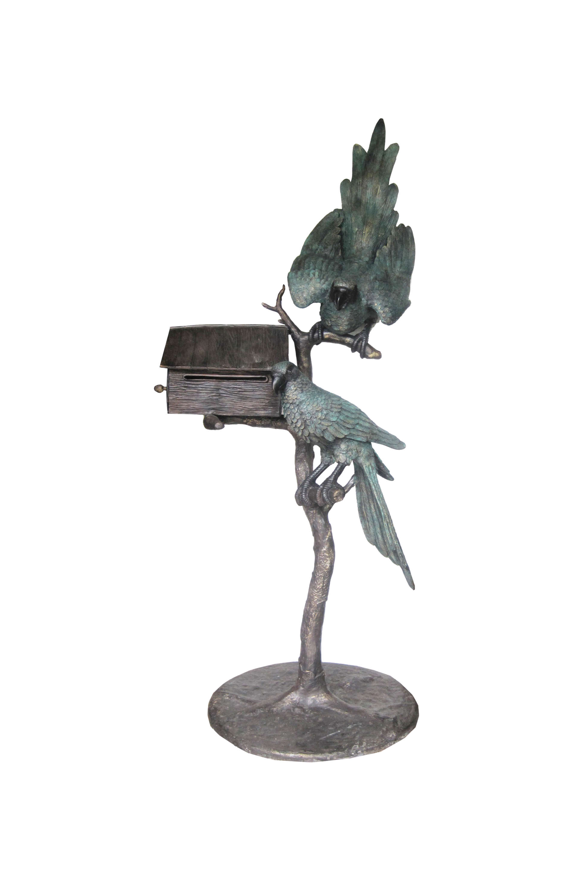 Bronze sculpture of two parrots on a branch with a mailbox, on a white background