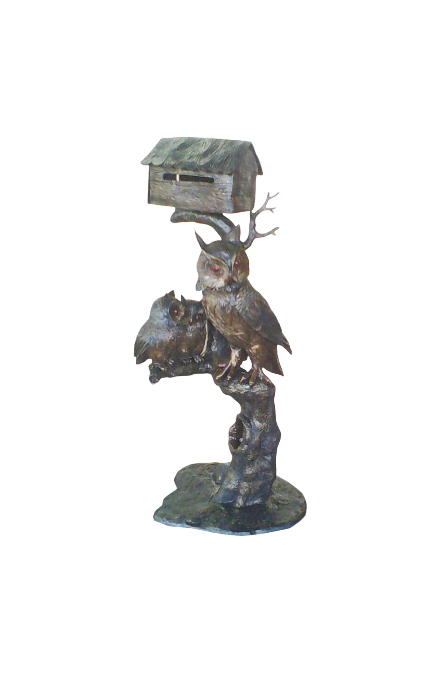Bronze mailbox of an owl with a mailbox on a branch against a white background
