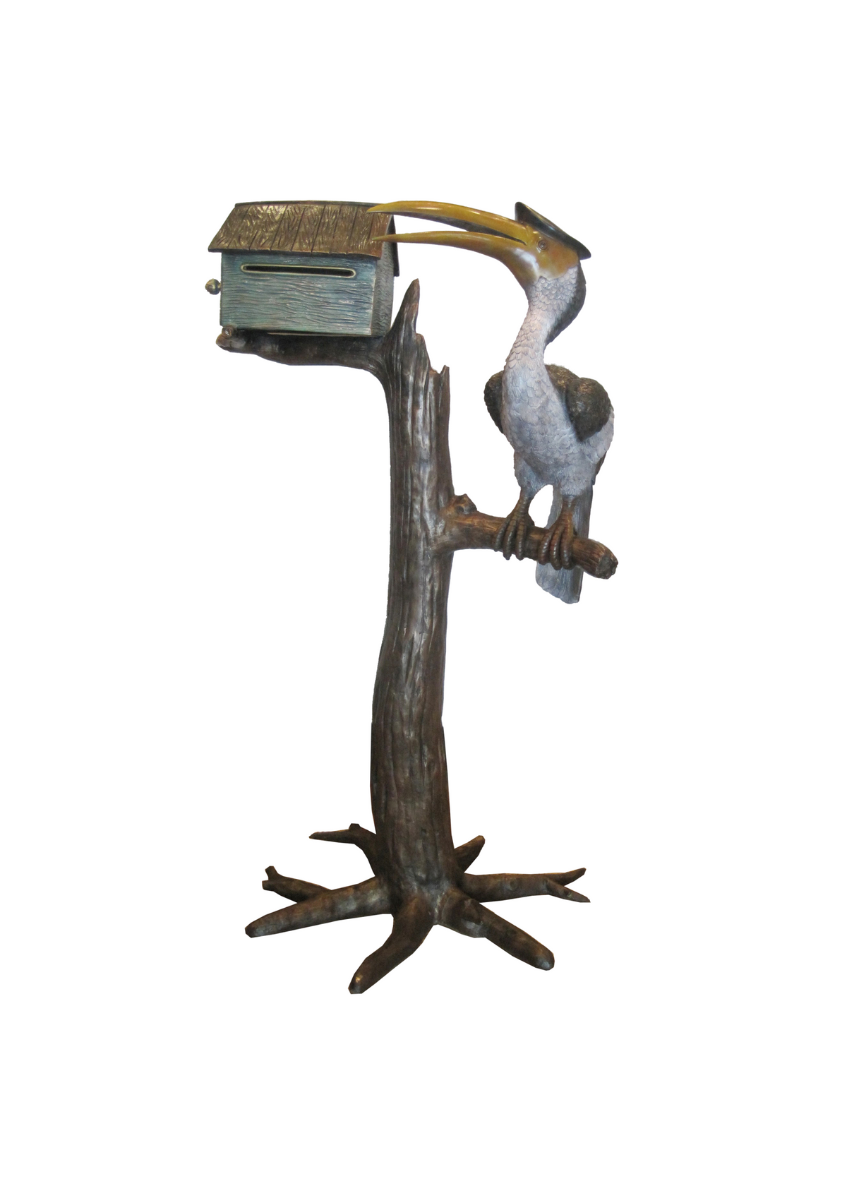bronze mailbox with a toucan on a branch with a white background