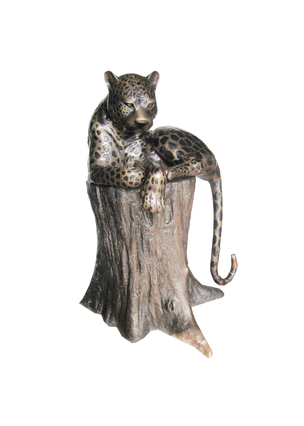 Decorative bronze figurine of a leopard on a tree stump against a white background
